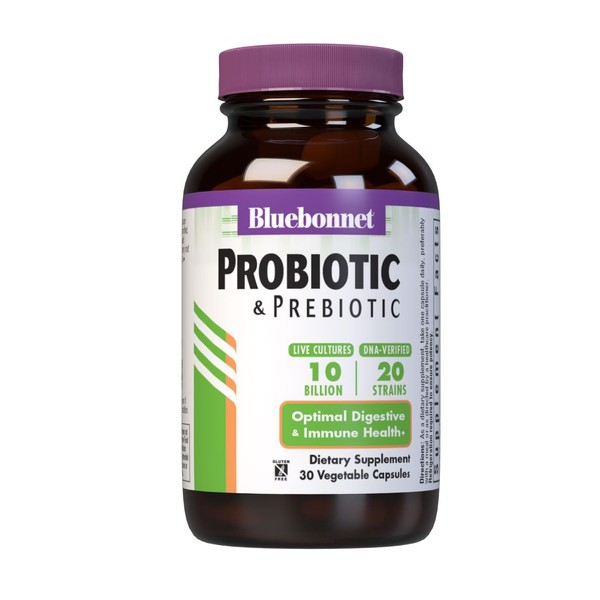 Bluebonnet Nutrition Probiotic & Prebiotic, 10 Billion CFU, Supports Immune Health*, Aids in Digestive Health*, Gluten-Free, Non-GMO, 30 Vegetable Capsules, 30 Servings