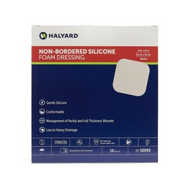HALYARD Non-Bordered Silicone Foam Dressing, Gentle Adhesive with Superabsorbent Core, Conformable & Breathable Water Resistant Protective Film Backing, 6"x6" (Box of 10)