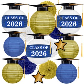 16Pcs Graduation Cap Paper Lanterns Party Decorations - Blue and Gold DIY Class of 2026 Hanging Decor with Grad Hat Tassel - Style 2