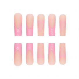 RUOKEXIN Valentines Press on Nails Long Coffin Fake Fingernails with Nails Glue Pink Heart Acrylic False Nails with Glitter Designs French Glossy Artificial Nail Press ons Stick on Nails for Women