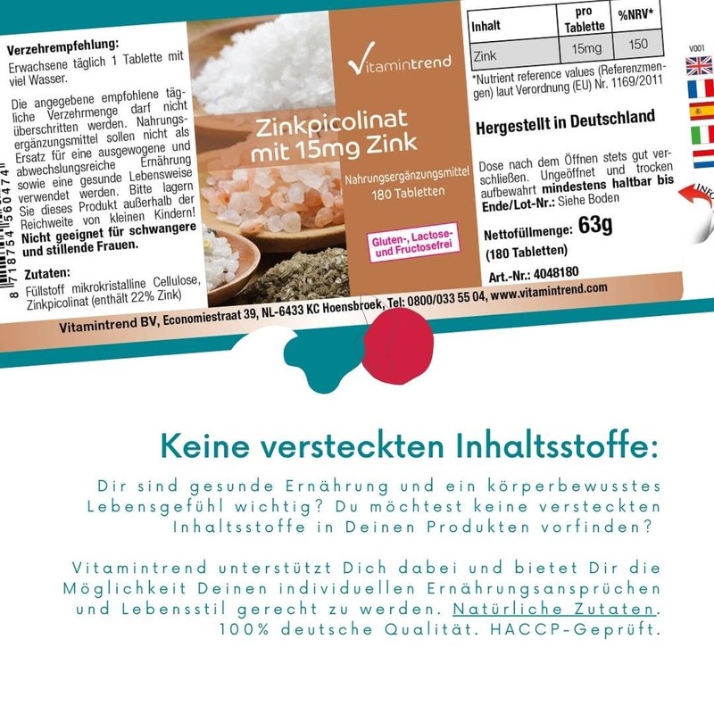 Zinc 15mg (Elemental Content) Hochdosiert Vegan Zinc Picolinate, Zinc No