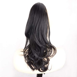 DIGUAN 13 Inches Ombre Claw Clip In Wavy Loose curly Synthetic Wrap Around Ponytail Extensions Short Pony Tail Clip In Extensions for Women Girl 4oz/115g (Natural Black)