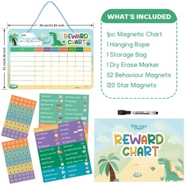 Reward Chart for Kids, Dinosaur Magnetic Behavior Chart for Kids at Home with 26 Chore Charts, 120 Magnetic Star Stickers Dry Erase Responsibility Chart for Toddlers Potty Training