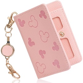 lamawin Pass Case with Reel for Women, 4 Card Storage, Character, Commuter Pad, Cute, Kids, Popular, Elastic Reel, IC Card Case, Bi-folded, Thin, Synthetic Leather, Stylish, Female ID Card Holder,