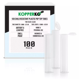 Kopperko 116mm Plastic Pop Top Tubes - Child Resistant, Clear, 100 Pack
