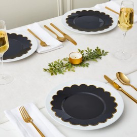 Sparkle and Bash 50 Pack Black Plastic Plates, 9 Inch Disposable for Party Supplies, Wedding, Gold Foil Scalloped Edges