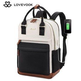 LOVEVOOK Laptop Backpack with USB Port, Backpack Purses for Women, Ideal Travel Backpacks for College, Work, Nursing, Travel, School Backpack, and Personal Item:_Beige-Black-Brown_17.3" - 12.8"L * 19"H * 7.7"D