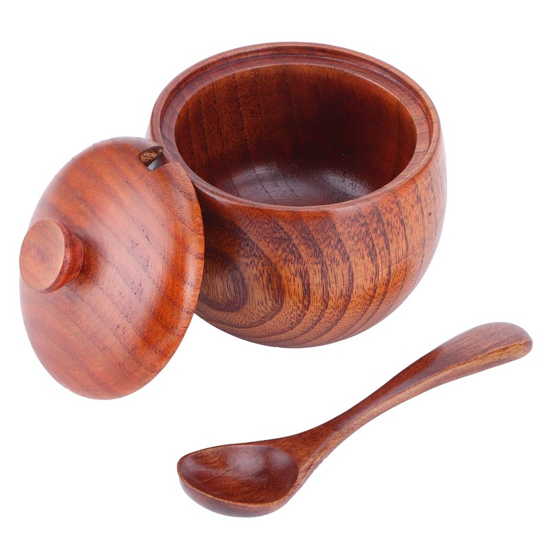Wooden Spice Container, Salt Box with Lid, Spoon, Vintage Spice