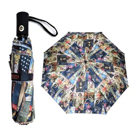 Amy & Joey Magazine Cover Collage Michelle Obama Printed Light Weight Bubble Dome Compact Retractable Folding Umbrella With Sleeve (Auto open&Close-Multi)