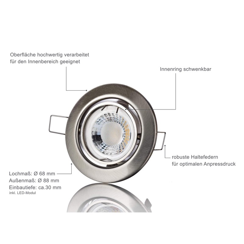 LED recessed spotlight flat 230 V dimmable set round brushed