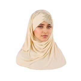 Fnjuucw Sequin Hijab Muslim Head Wrap, Solid Color Scarf Lightweight Long Adjustable Islamic Stretch Elastic Head Cover for Women (beige)