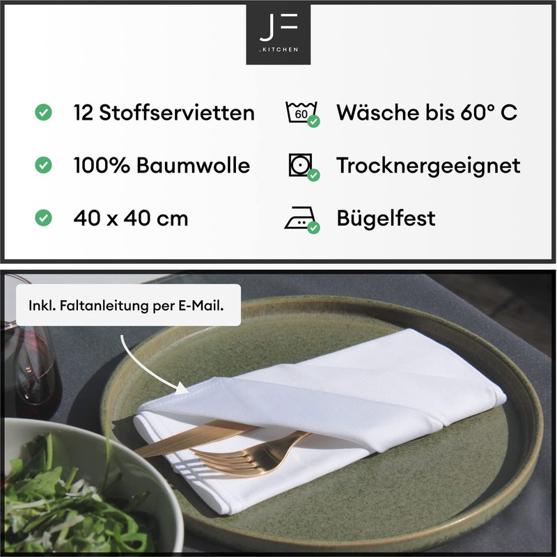 JF.kitchen® 12 fabric napkins with folding instructions (English language not