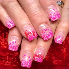Short Press on Nails Valentines Fake Nails Pink Full Cover Acrylic Nails Bling False Nails with Love Heart designs Square Stick on Nails Glitter Glue on Nails French Tip Press ones for Women Girls