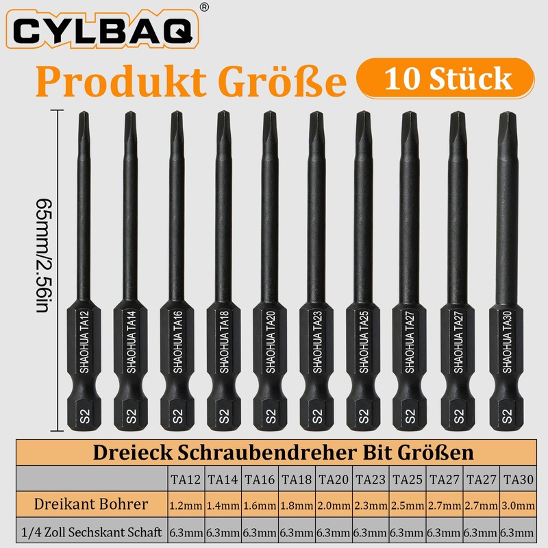 CYLBAQ Pack of 10 Triangle Screwdriver Bits 65 mm Hex