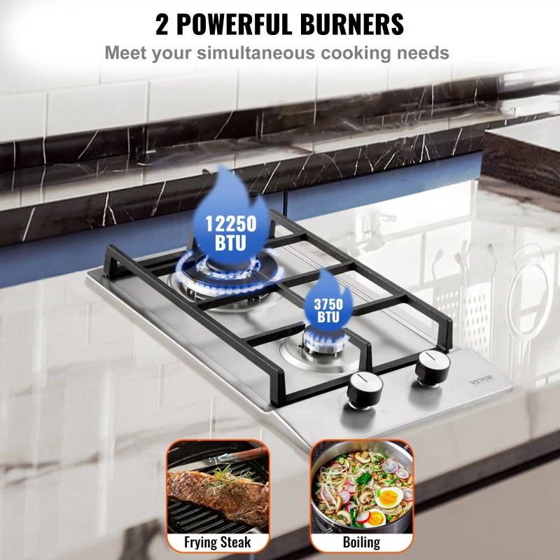 12-Inch Gas Cooktop 2 Burners Built-In Stainless Steel Dual Fuel