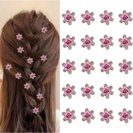 20Pcs Mini Flower Hair Clips Set - Cute Rhinestone Hair Pins Bridal Accessories for Wedding & Party Hairstyles, Crystal Barrettes Accessories for Girls & Women (Pink)