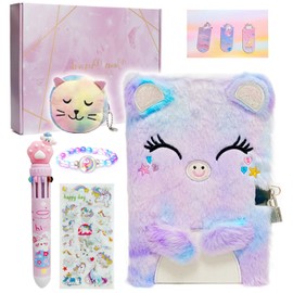 Cat Plush Diary with Lock, Kitten Fuzzy Journal with Lock for Girls Secret Diary Set with 10-color Pen Bracelet Coin Purse Stickers Bookmarks, Travel Notebook