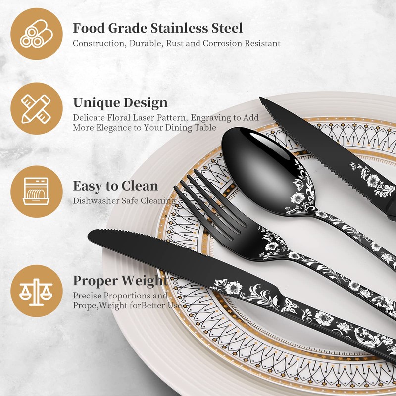 48-Piece Black Silverware Set with Steak Knife, Black Flatware Sets