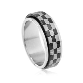 POYAMUSE Checkered Ring for Men and Women, Fidget Spinner Ring with Black and White Checkered Design - Black-11