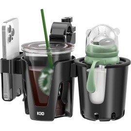 KDD Portavasos para carriola con Soporte para teléfono, Soporte para Botellas extraíble 3 en 1, Soporte para Bebidas de rotación de 360 Grados para Silla de Ruedas, carriola, Bicicleta,Negro
