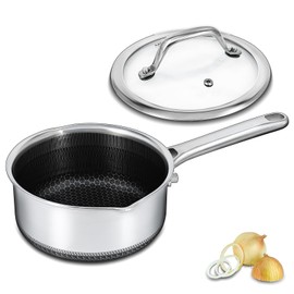 Bakoniion Hybrid Nonstick 1.5 QT Saucepan with Lid, Stainless Steel Honeycomb Pot with Two Pour Spouts,Compatible with All Cooktops,Dishwasher and Oven Safe