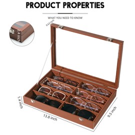 XHMQYC Sunglasses Storage Organizer for Women Men Glasses Tray Eyeglasses Eyewear Display Case Sunglass Glasses Storage Holder Box, Brown Leather 8 Slots With Clear Glass Lid