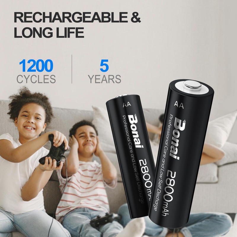 BONAI AA Rechargeable Batteries 2800mAh 1.2V Ni-MH Low Self Discharge-8