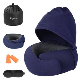 Vzpeun Travel Pillow - Hooded Neck Pillow Airplane, Memory Foam Pillow for Plane, Office, Cars Sleeping, Long Flight Must Haves, Road Trip Essentials Accessories for Adults (Navy Blue)