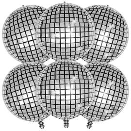 6 Pcs Disco Ball Balloons, 22Inch Silver Disco Ball Balloons, Silver Disco Foil Balloons for Theme Disco Party Decorations Supplies, Disco Fever Party Decoration
