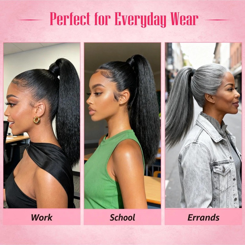 Yaki Straight Ponytail Extension for Black Women,16 Inch Synthetic Wrap-Around