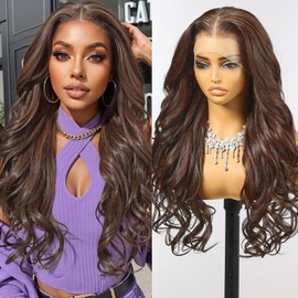 Allbell 13x6 Glueless HD Lace Wigs,Synthetic Lace Front Wig for Women,24Inch Chocolate Brown Body Wave Hair Replacement