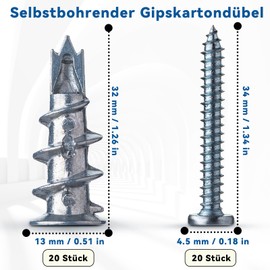 Plasterboard Dowels, Self-Drilling Plasterboard Dowels, Pack of 20 Cavity Dowels, Metal with 20 Screws, Rigypsum Dowels for Mounting in Concrete, Bricks, Stone, Plasterboard Panels and Much More