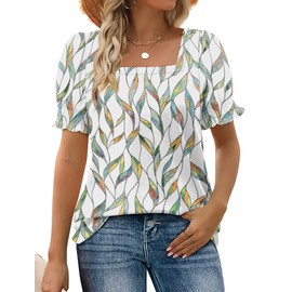 WEESO Short Sleeve Shirts for Women Summer Square Neck Tops Cute Outfits 2025 Floral Printed S