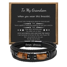 JoycuFF Grandson Birthday Gifts Leather Bracelets for Grandson Gift for Grandson from Grandpa Grandma To My Grandson Love You Forever Bracelet Anniversary Christmas Ideas Gift