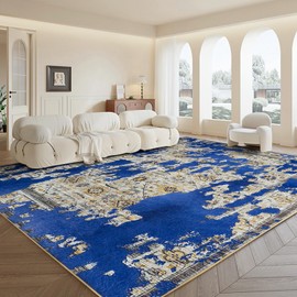 8x10 Area Rugs for Living Room, Ultra-Thin Low Pile Machine Washable Rugs, Large Indoor Non Slip Vintage Floor Accent Carpet Foldable Print Mat for Bedroom Dining Room Home Office Kitchen Blue