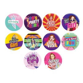 Creanoso 90’s Girls Pinback Buttons (10 Pack) - Fun Classroom Reward Incentives for Students and Children - Stocking Stuffers Party Favors & Giveaways for Boys, Girls, Kids, Teens