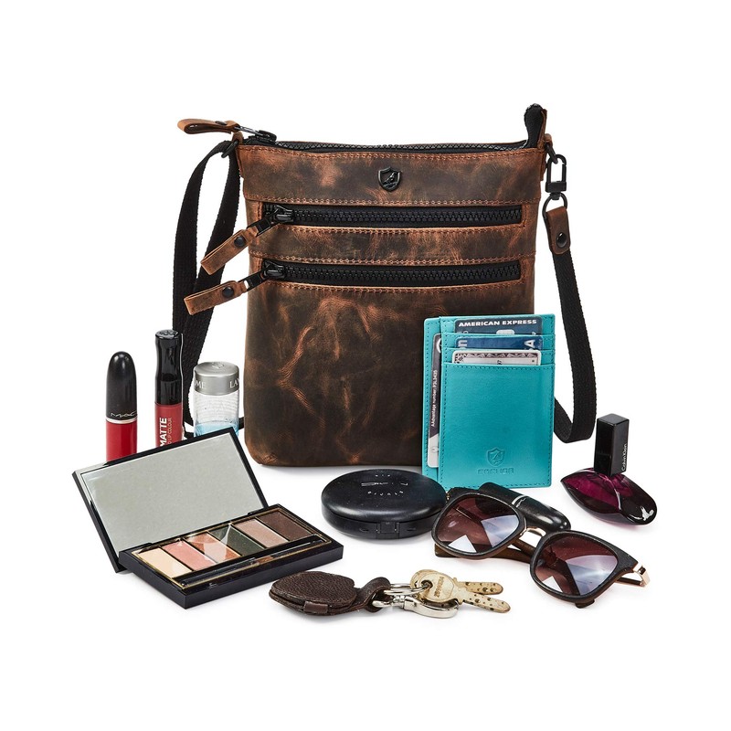 Cochoa Small Women Real Leather Crossbody Triple Zip Vintage Sling