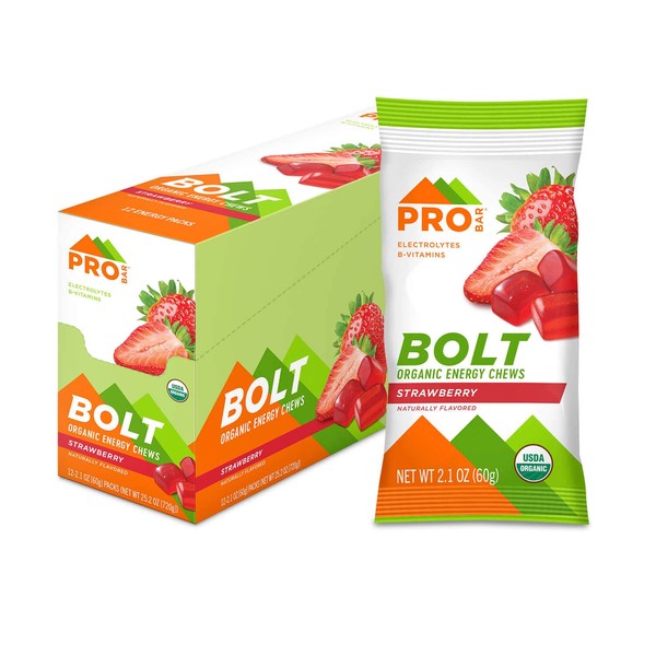 PROBAR - Bolt Organic Energy Chews, Strawberry, Non-GMO, Gluten-Free, USDA Certified Organic, Healthy, Natural Energy, Fast Fuel with Vitamins B & C (12 Count)