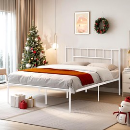 VECELO Queen Metal Platform Bed Frame with Headboard, Heavy Duty Steel Slat Support, Under Bed Storage,No Box Spring Needed, Easy Assembly