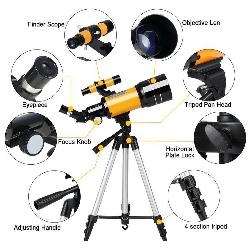 70mm Portable Refracting Telescope 300mm with Mobile Phone Adapter, Wireless