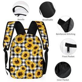 Fekroma Colorful Multi Pocket Backpack Set School Bookbag with Lunch Bag Lightweight Pencil Case Pouch Bag (Sunflower Buffalo Plaid, One Size)
