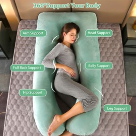 Amagoing 55 inches Pregnancy Pillows for Sleeping, U Shaped Maternity Full Body Pillow for Pregnant Women with Hip, Leg, Back, Belly Support, Washable Velvet Cover Included (Mint Green)