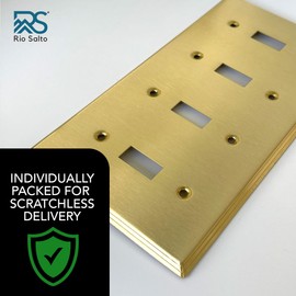 Rio Salto BRASS Metal Quad Toggle STANDARD SIZE Gold Light Switch Cover Wall Plate Modern Linear Corrosion Resistant Big Wallplate Covers 4 Gang Brushed Brass Togle Switch 4-Gang (2-Pack)