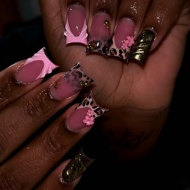 Press on Nails Medium Duck Pink with Leopard SEENEEY Stick on Nail 24pcs