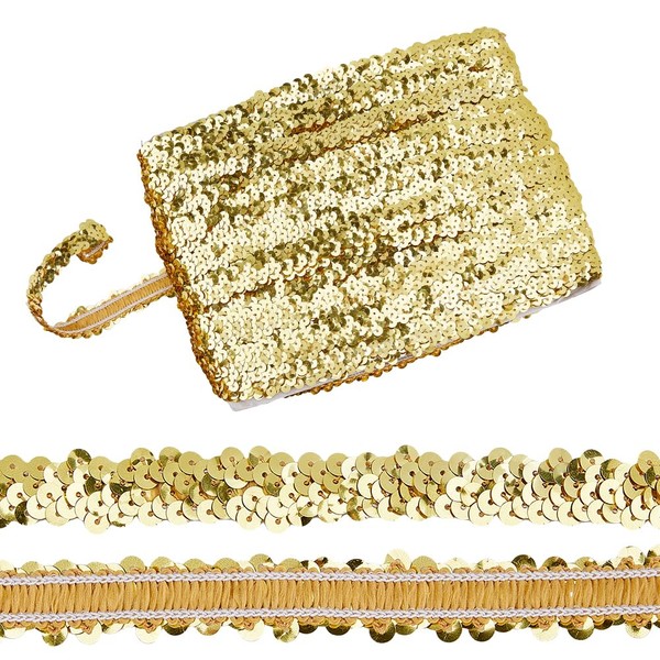 Hobbspring 25 Yards Elastic Sequin Trim Gold Sequin Ribbon 0.7
