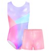 TENVDA Gymnastics Leotards for Girls Matching Shorts Sets Size 5-6 Years Old Sparkly Blue Pink Tumbling Outfit Activewear