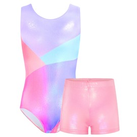 TENVDA Gymnastics Leotards for Girls Matching Shorts Sets Size 5-6 Years Old Sparkly Blue Pink Tumbling Outfit Activewear