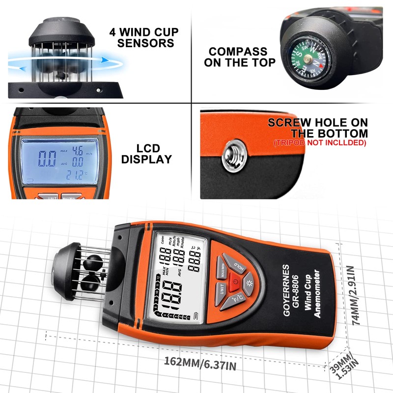 Digital Anemometer Handheld,GR-8806 Wind Meter Air Velocity Tester Measure Wind