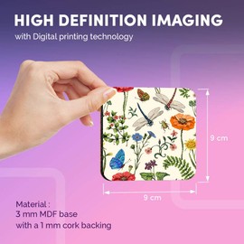 Destination Vinyl ltd Great Coasters (Set of 4) Square - Botanical Garden Flower Drawings Drink Glossy Coasters/Tabletop Protection for Any Table Type #21280