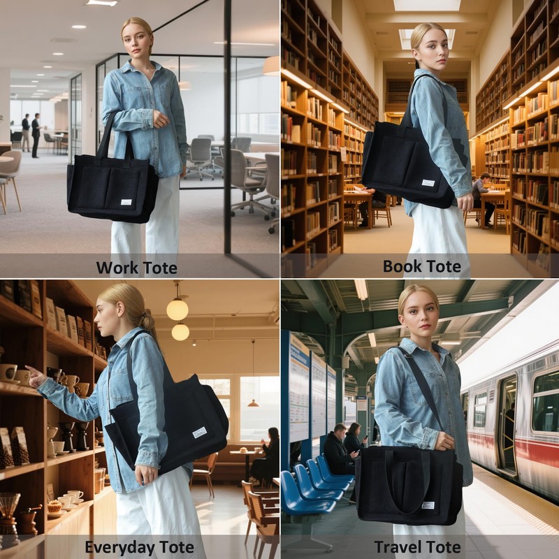 UERRUAM Women Tote Bag with Zipper and Compartments,Large Corduroy Purse,Lightweight